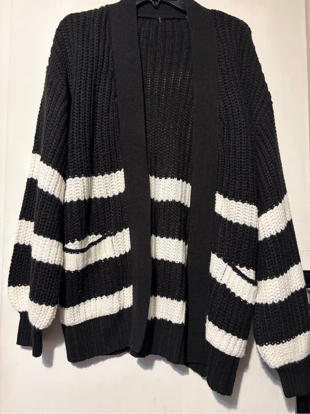Black & White Striped Open-Front Women's Cardigan Sweater